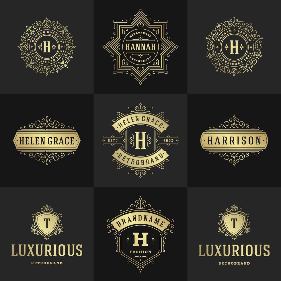 Vintage logos and monograms set elegant flourishes line art graceful ornaments victorian style template design vector