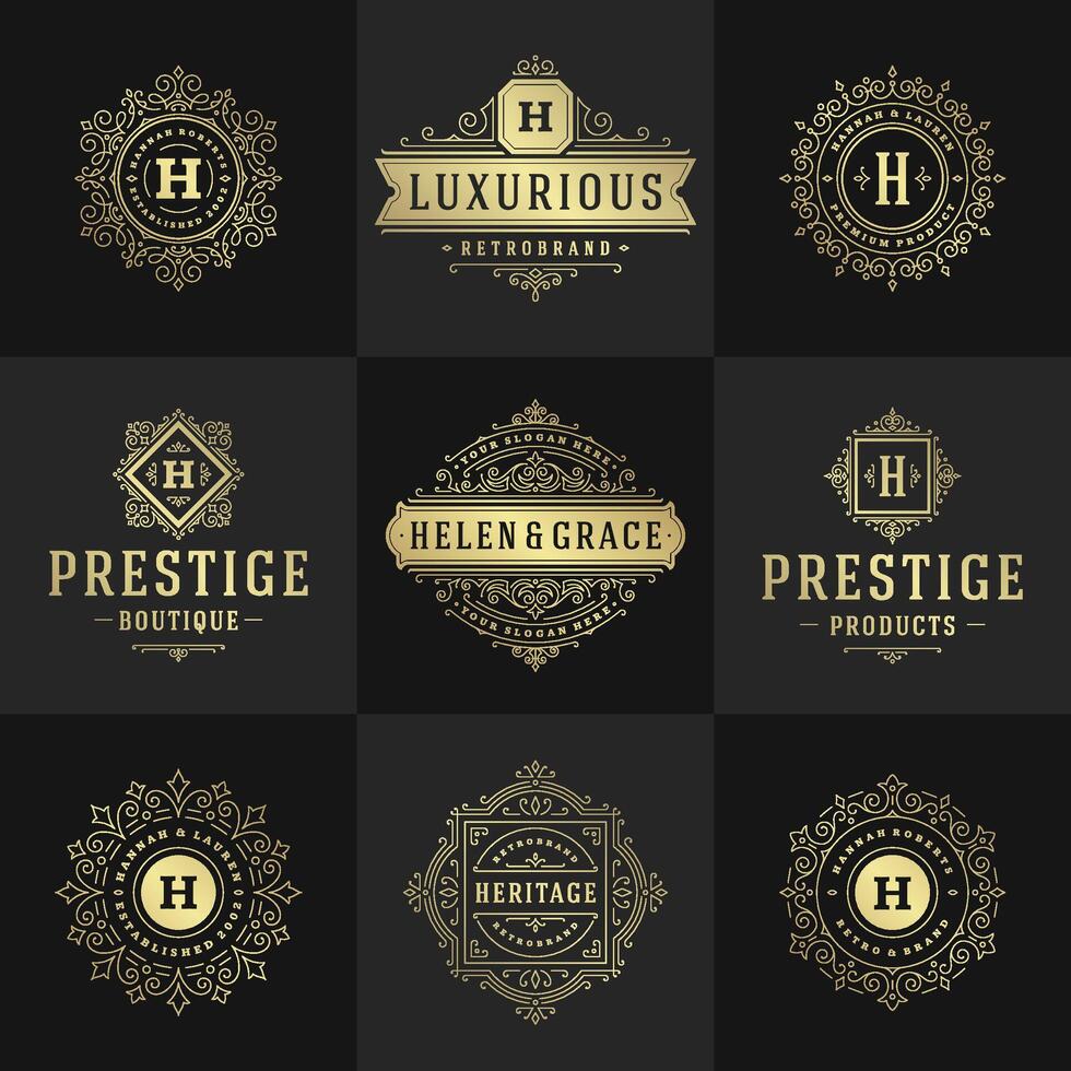 Vintage logos and monograms set elegant flourishes line art graceful ornaments victorian style template design vector