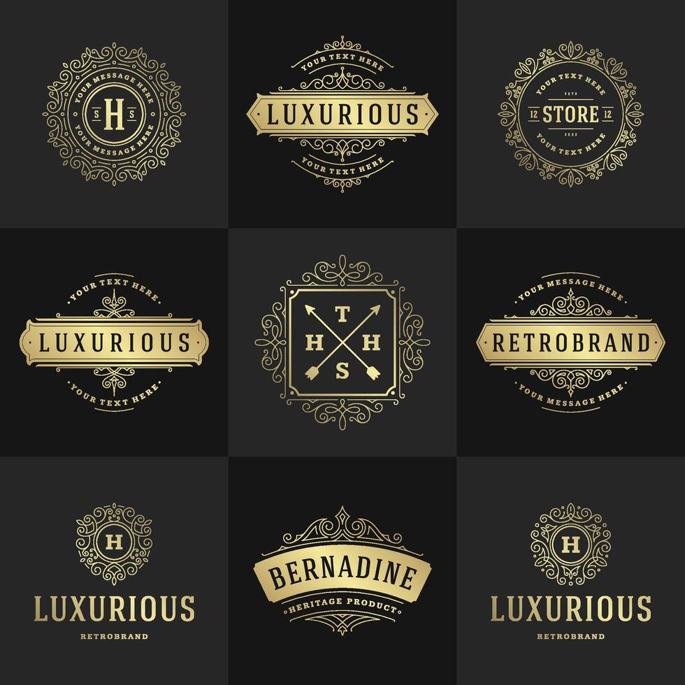 Vintage logos and monograms set elegant flourishes line art graceful ornaments victorian style template design vector