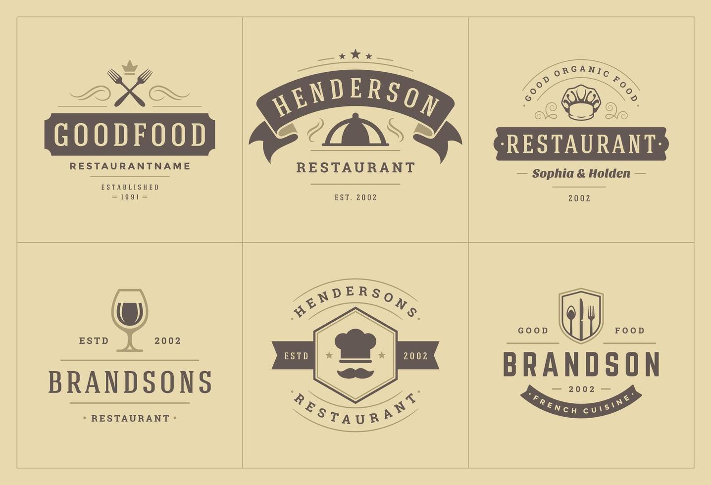 restaurante logos y insignias plantillas conjunto ilustración vector