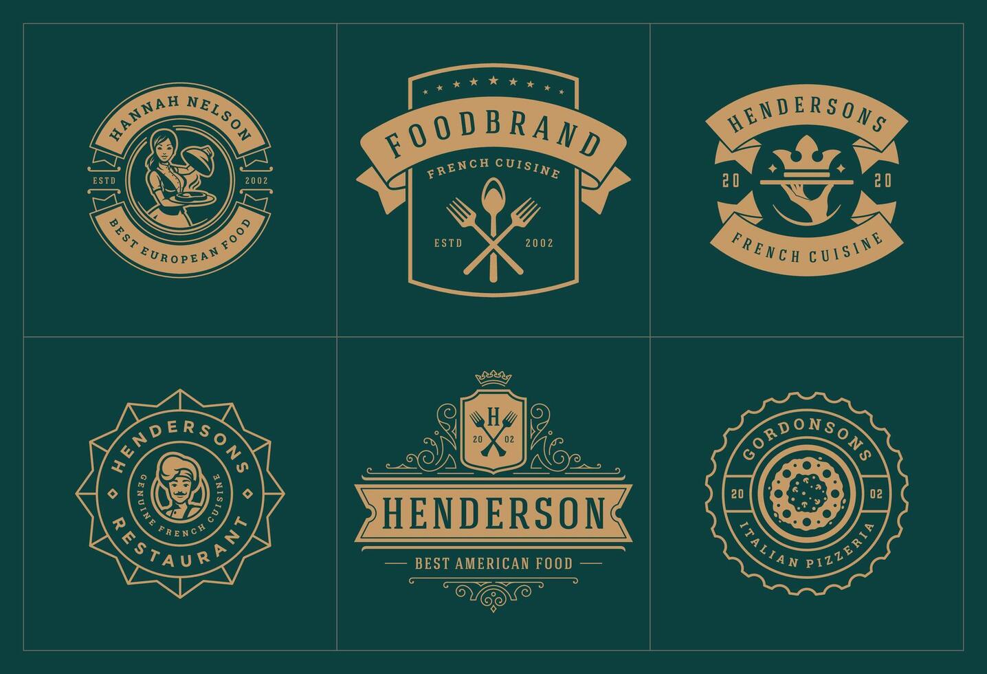 restaurante logos y insignias plantillas conjunto ilustración. vector