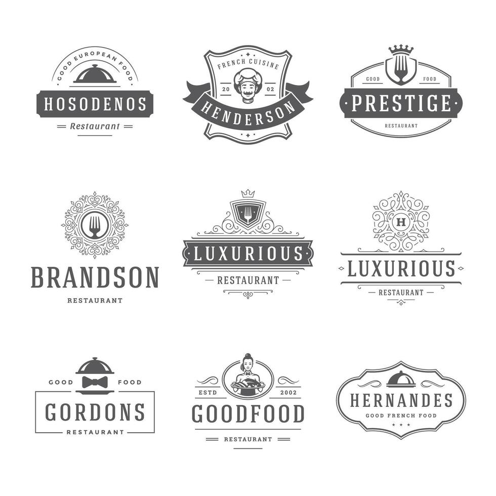 restaurante logos y insignias plantillas conjunto ilustración vector