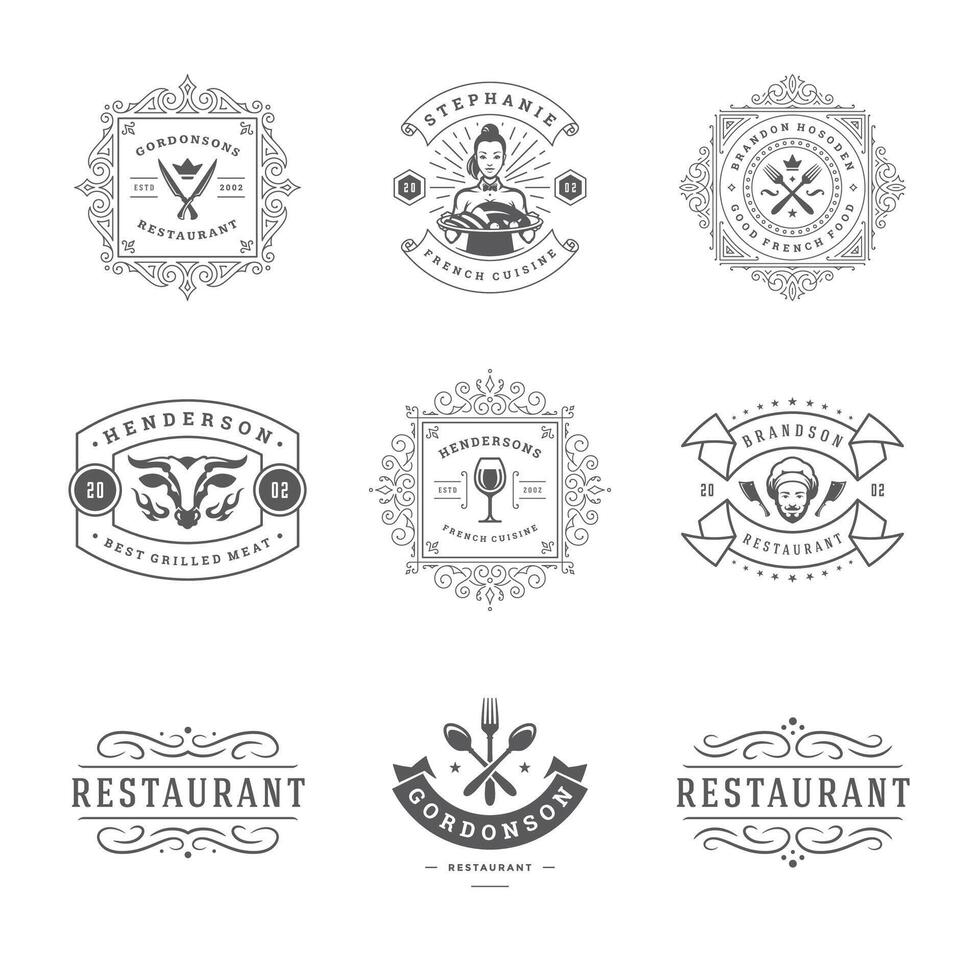 restaurante logos y insignias plantillas conjunto ilustración vector