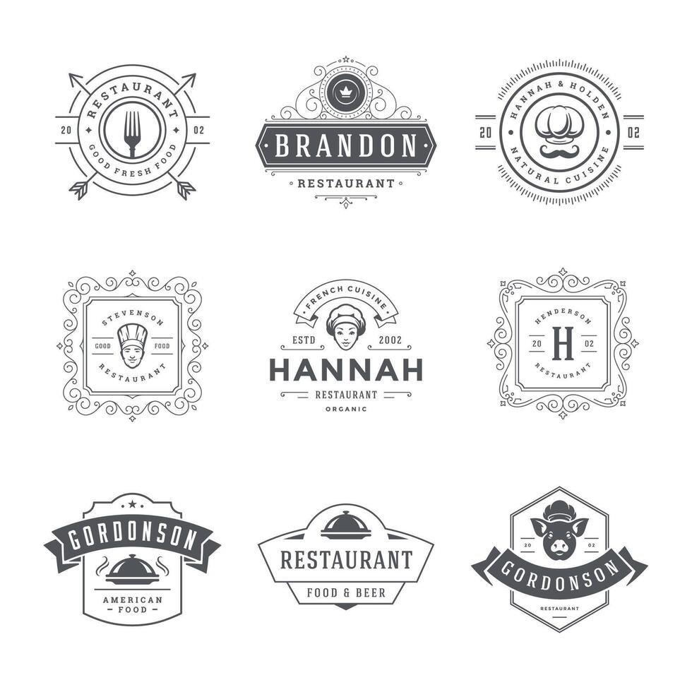 restaurante logos y insignias plantillas conjunto ilustración. vector