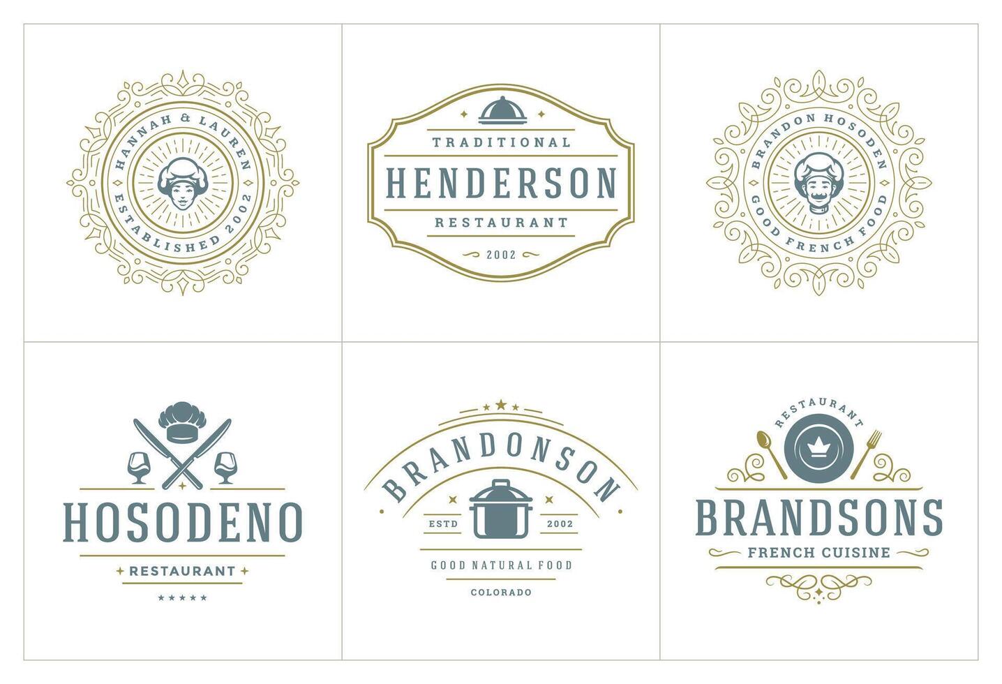 restaurante logos y insignias plantillas conjunto ilustración vector