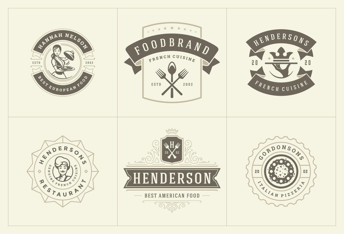 restaurante logos y insignias plantillas conjunto ilustración. vector