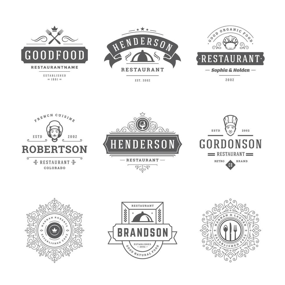 restaurante logos y insignias plantillas conjunto ilustración vector