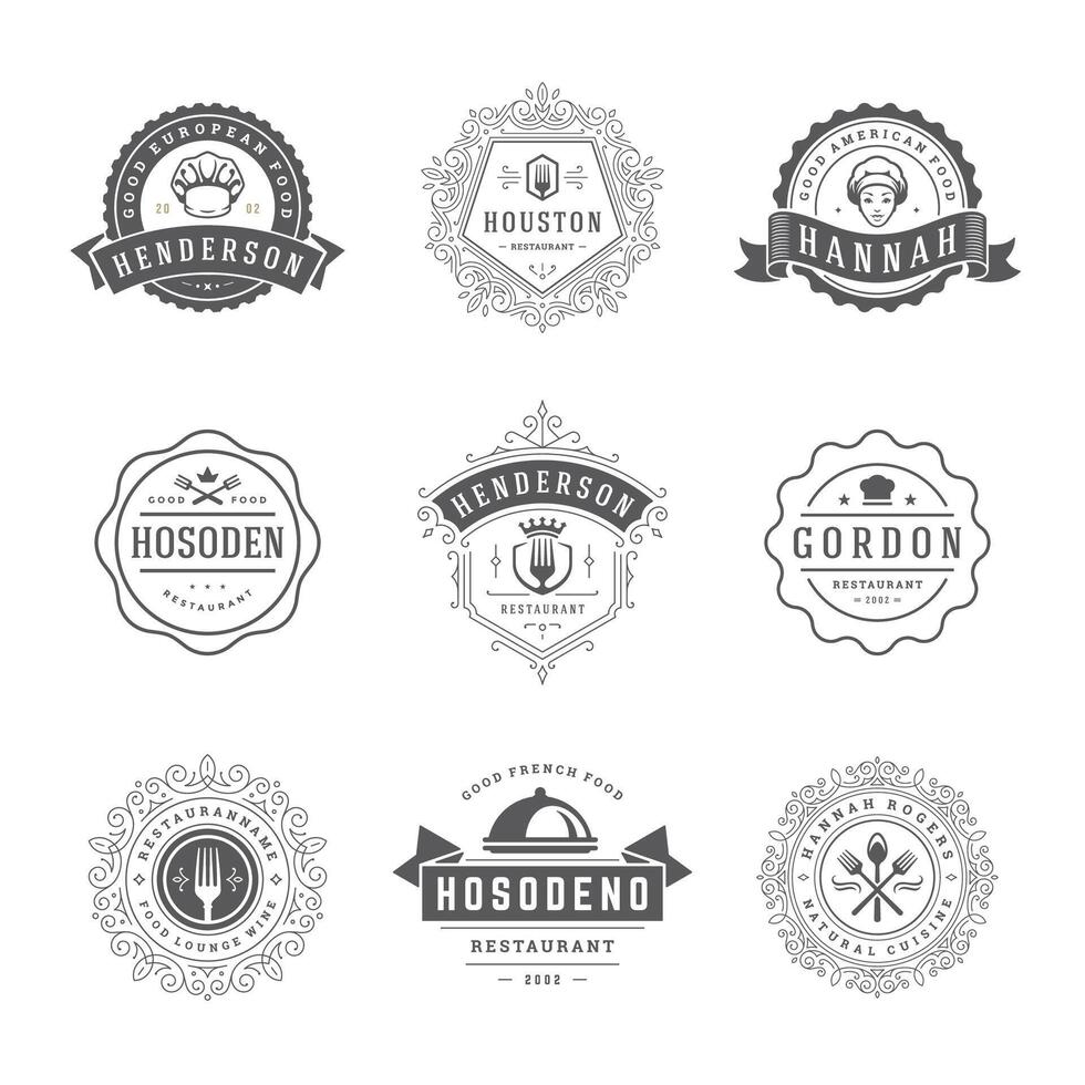 restaurante logos y insignias plantillas conjunto ilustración. vector