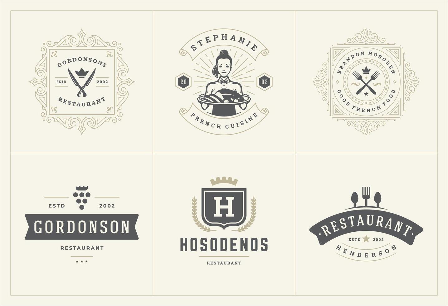 restaurante logos y insignias plantillas conjunto ilustración. vector