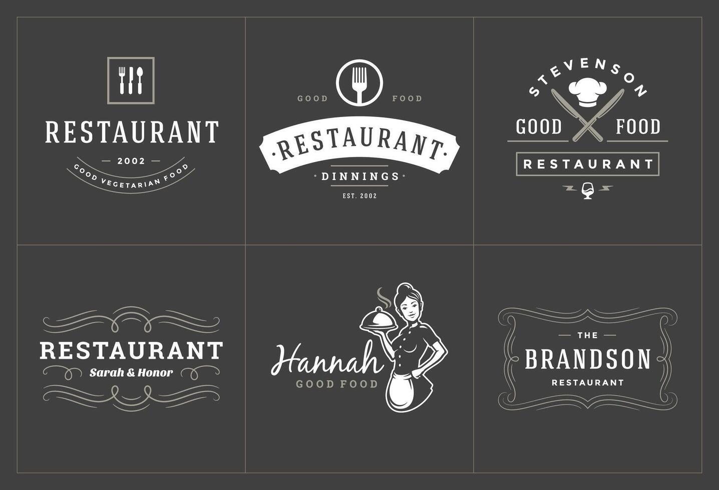 restaurante logos y insignias plantillas conjunto ilustración. vector