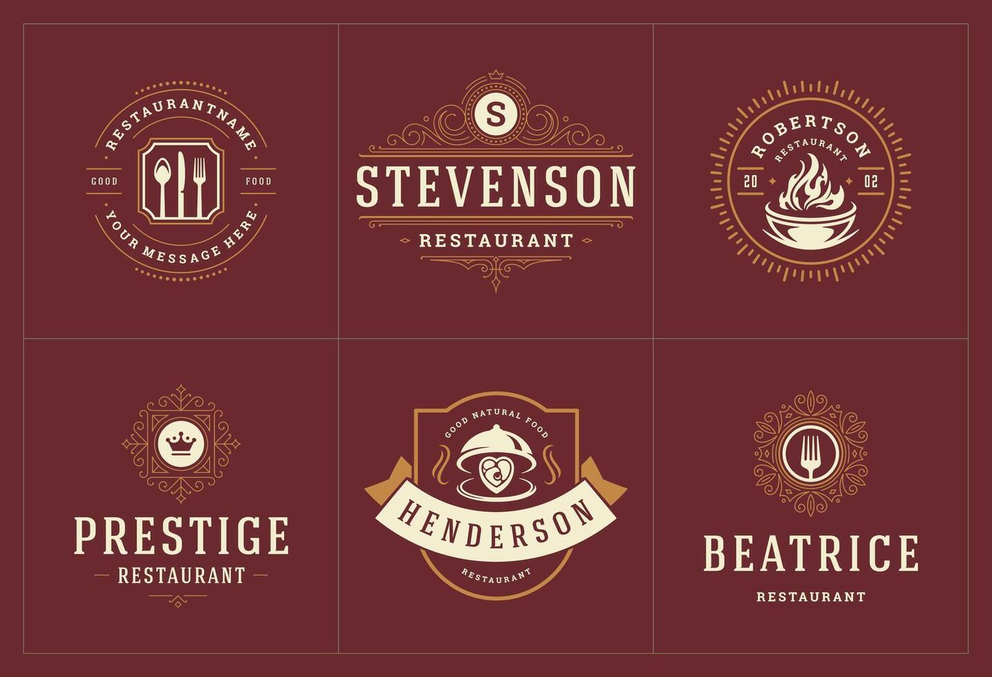 restaurante logos y insignias plantillas conjunto ilustración. vector