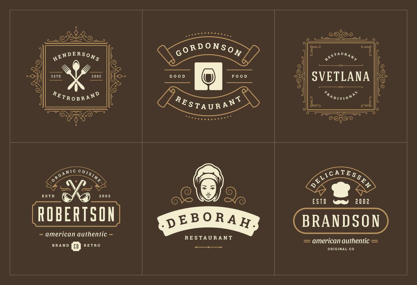 restaurante logos y insignias plantillas conjunto ilustración. vector