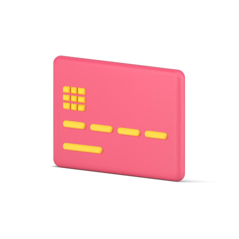 Pink credit card. Volumetric plastic rectangle with yellow code stripes and chip vector