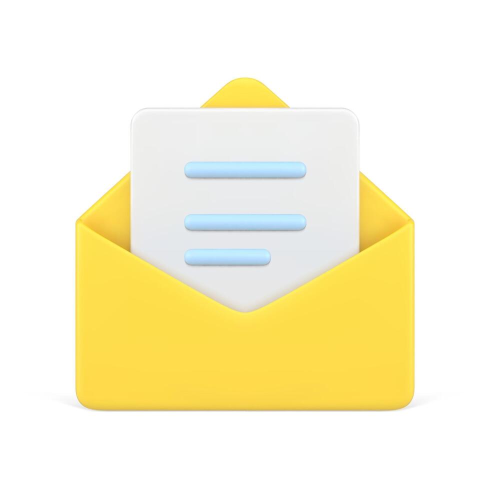 Document in yellow 3d envelope. White volumetric sheet of paper with blue text vector