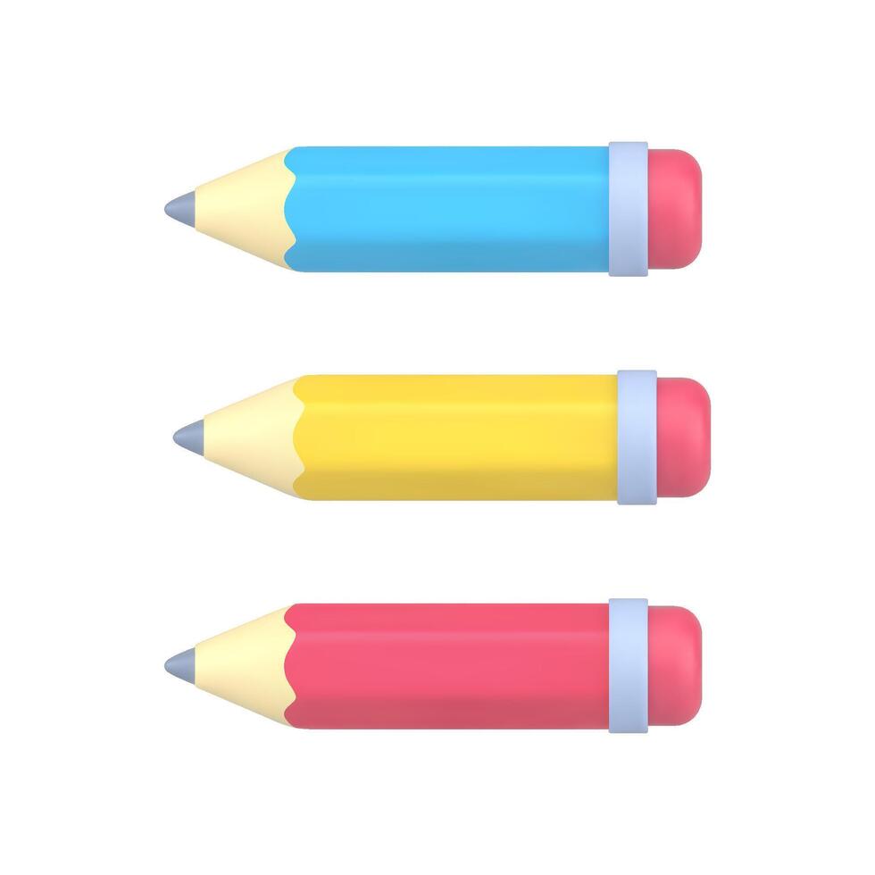 Stationery 3d pencils. Blue wooden object for writing and drawing vector