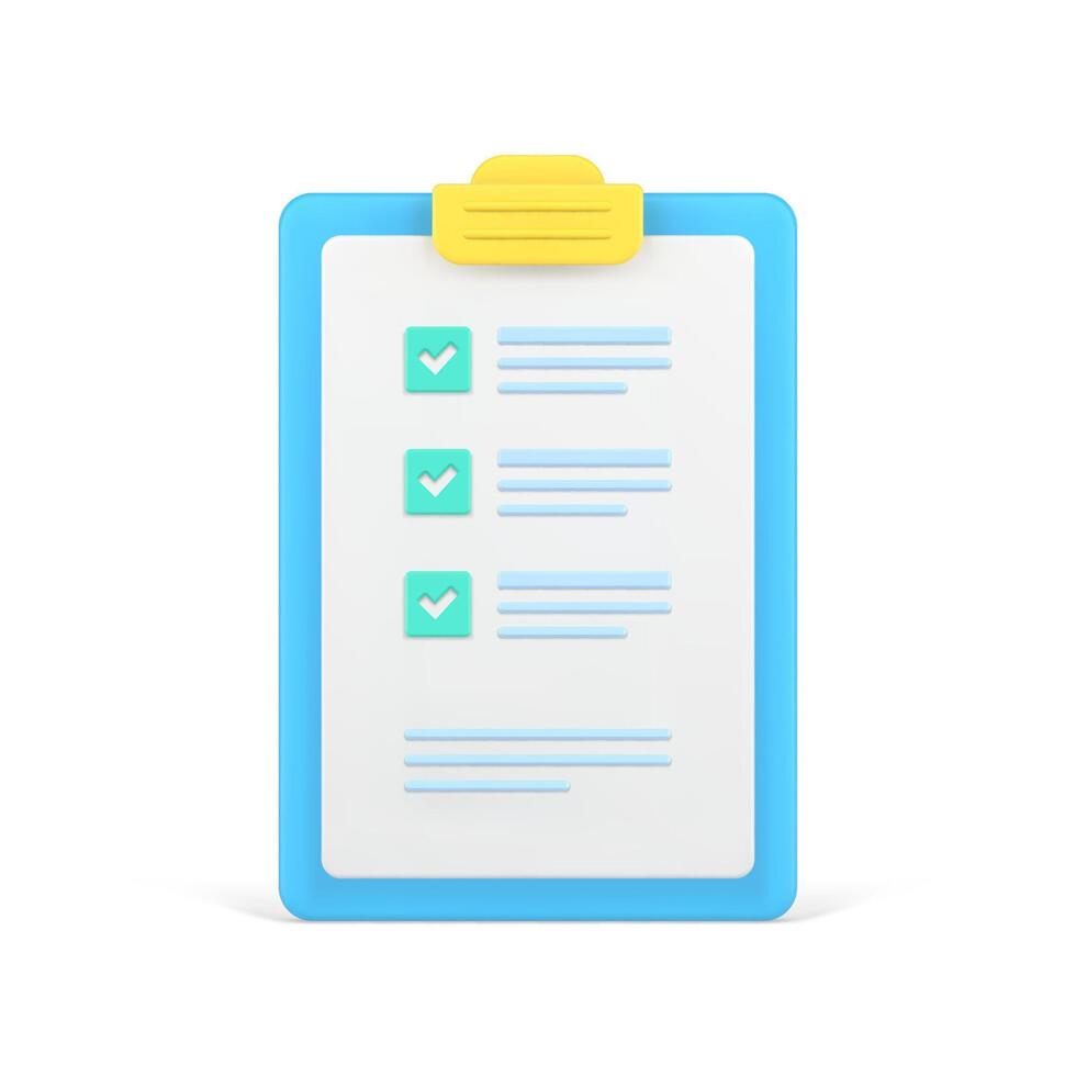 Checklist on 3d clipboard paper. Document in test form with check marks and stripes abstract questions vector