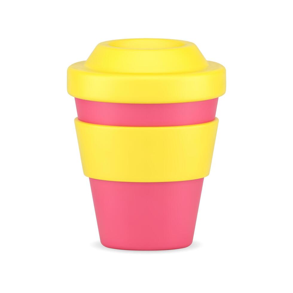 Cup for coffee 3d icon. Red cardboard container with yellow lid and rim vector