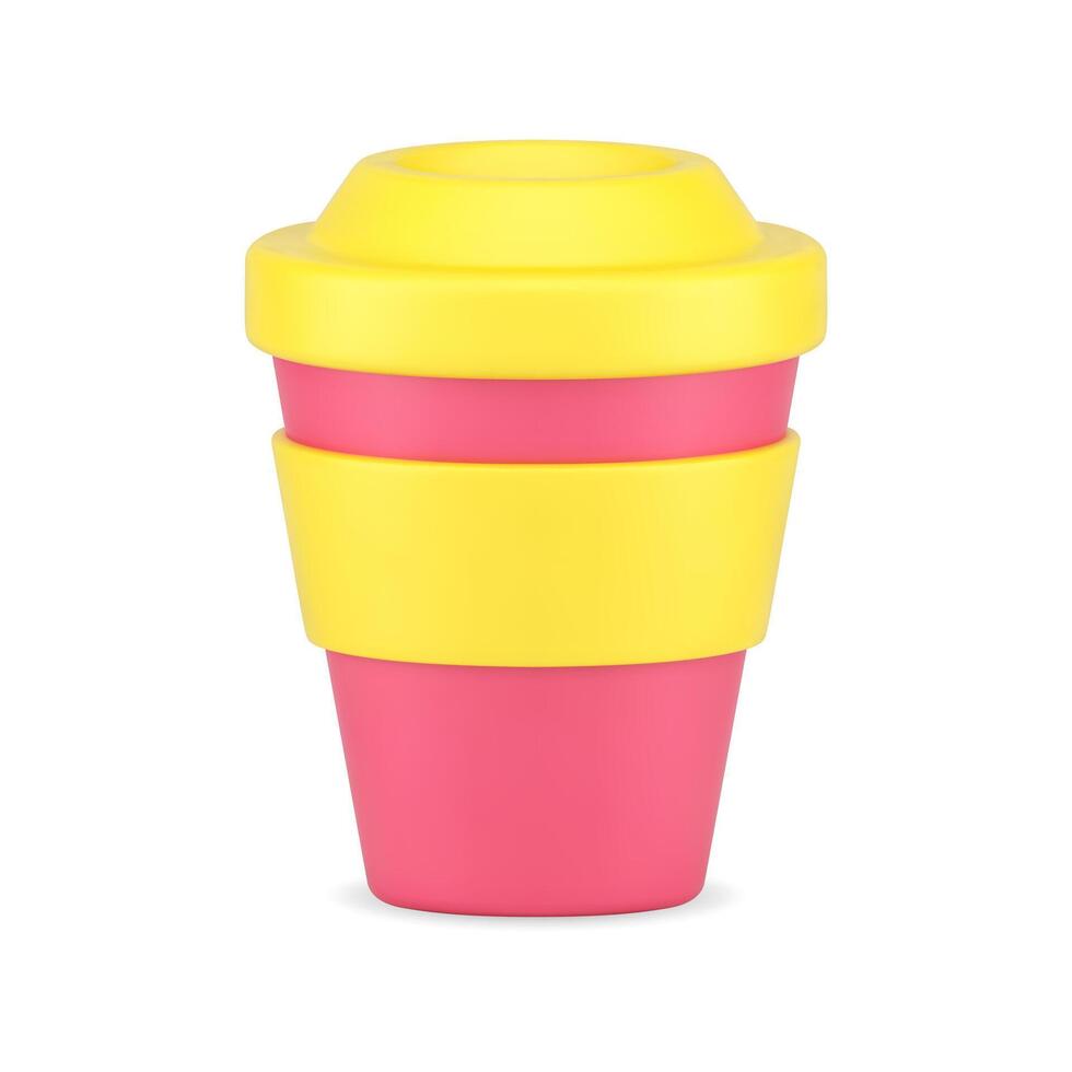 Cup for coffee 3d icon. Red cardboard container with yellow lid and rim vector