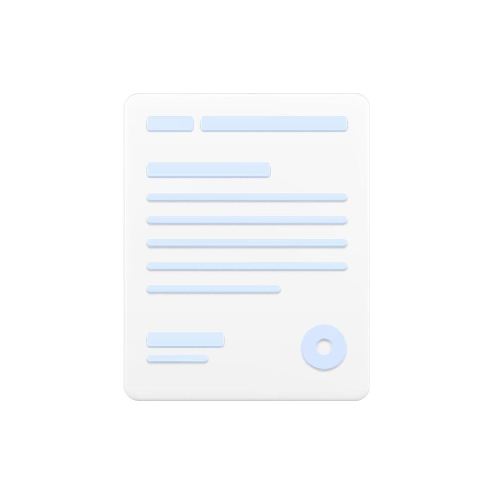Business document 3d icon. White page with text lines and round stamp vector