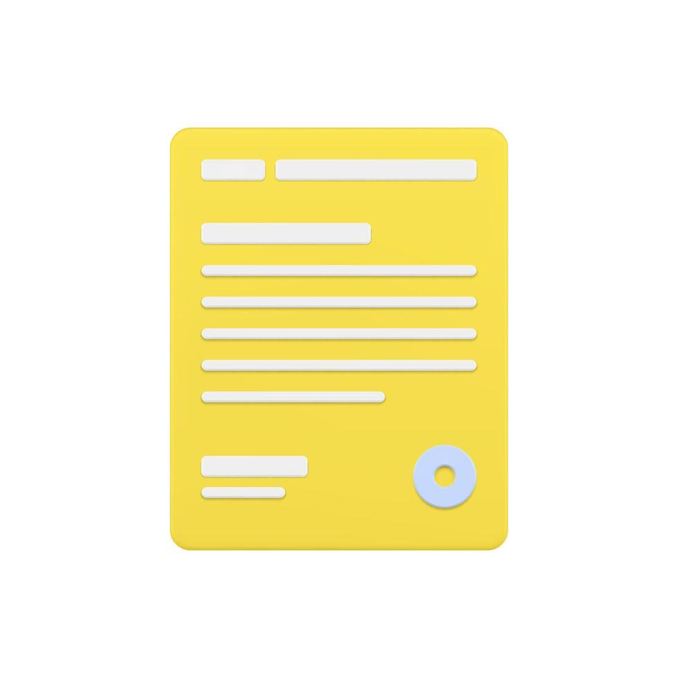 State document 3d icon. Gold page with text lines and round stamp vector