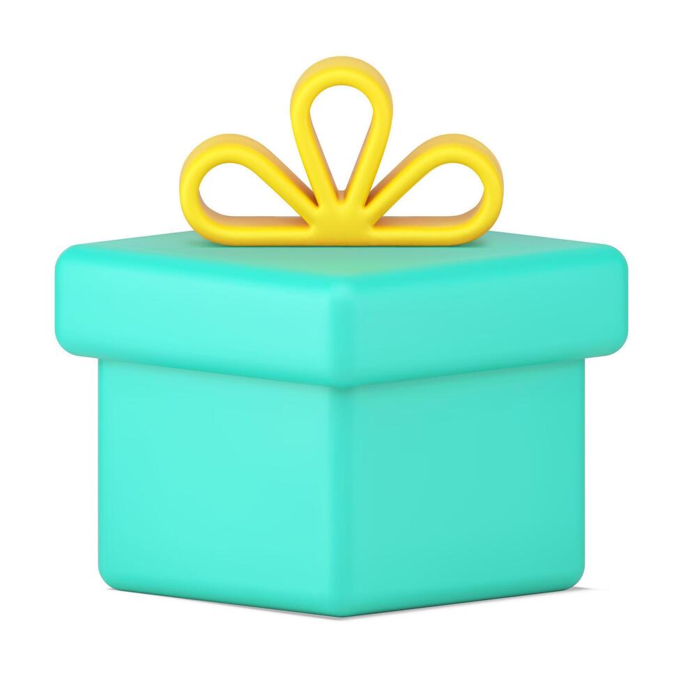 Festive green gift box 3d icon. Present packaging with gold volume bow vector