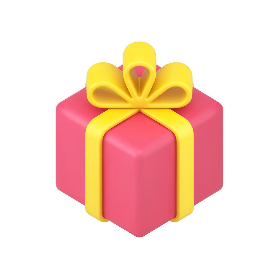 Red square box gift 3d icon. Volumetric surprise with yellow ribbon and bow vector