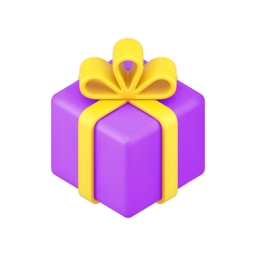 Magenta gift packaging 3d icon. Square surprise with gold ribbon and bow vector