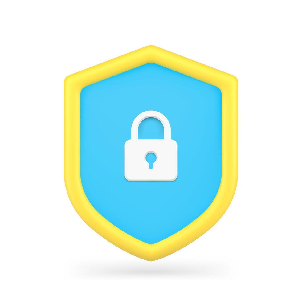 Closed lock on shield 3d icon. Antivirus and protection of users personal data vector