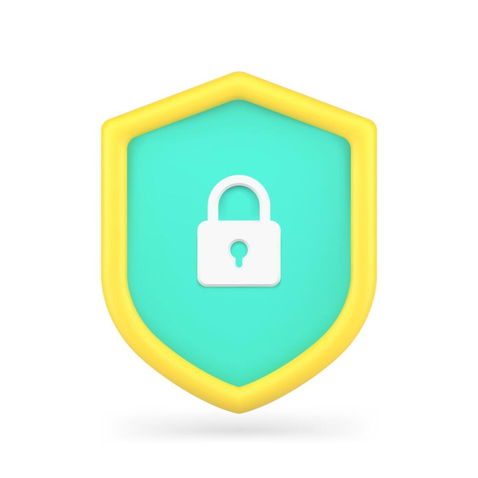 Security lock on shield 3d icon. Online safe and protection of users personal data vector