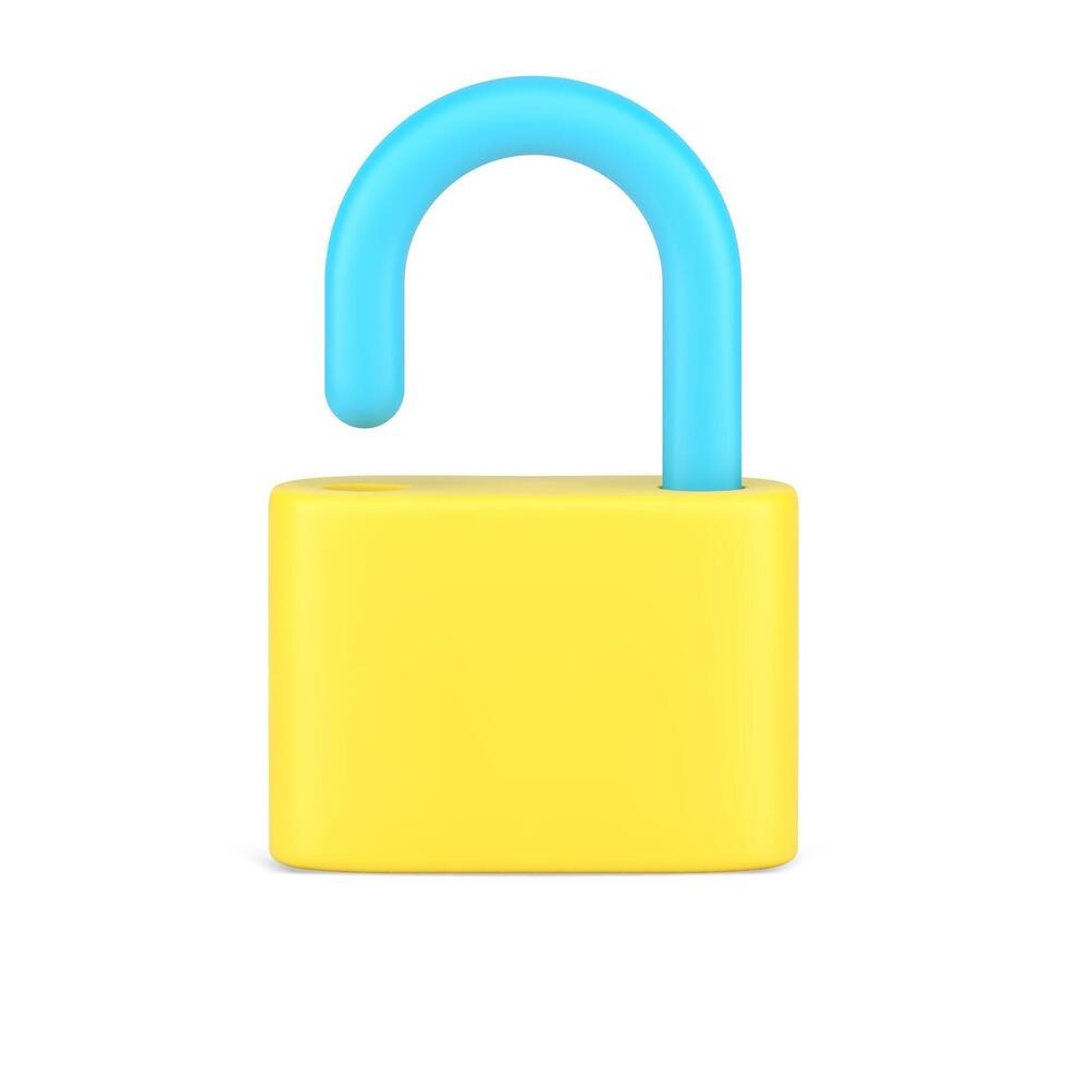 Open padlock 3d icon. Volumetric lock with steel shackle vector