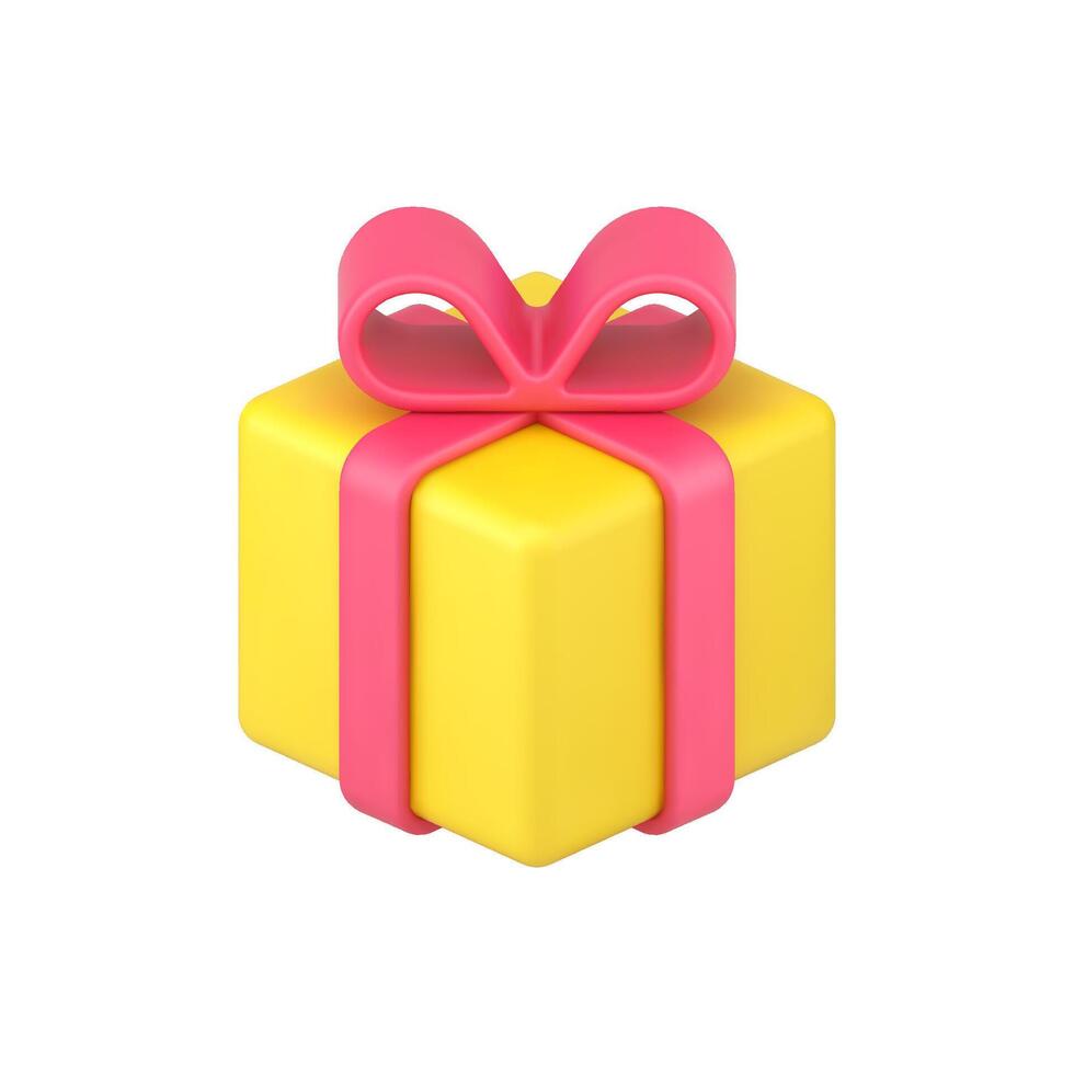 Yellow box gift 3d icon. Holiday surprise with red ribbon and bow vector