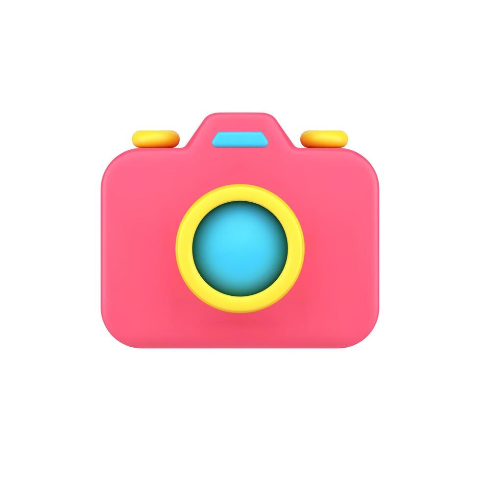 Retro photo camera 3d icon. Red gadget with yellow lens buttons for adjusting angle vector