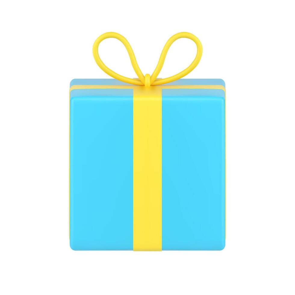 Blue box with yellow knot 3d icon. Square surprise tied luxurious ribbon vector