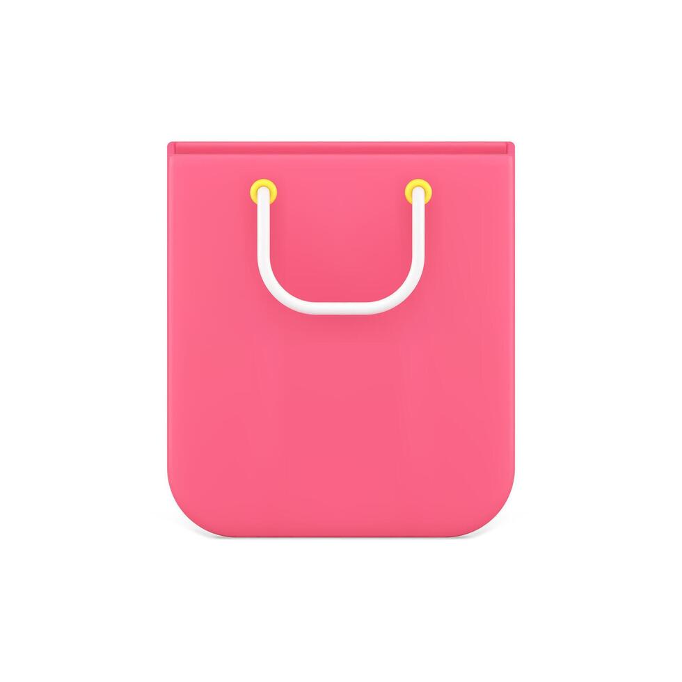 Pink shopping bag 3d icon. Paper bag with white handles for purchased products vector
