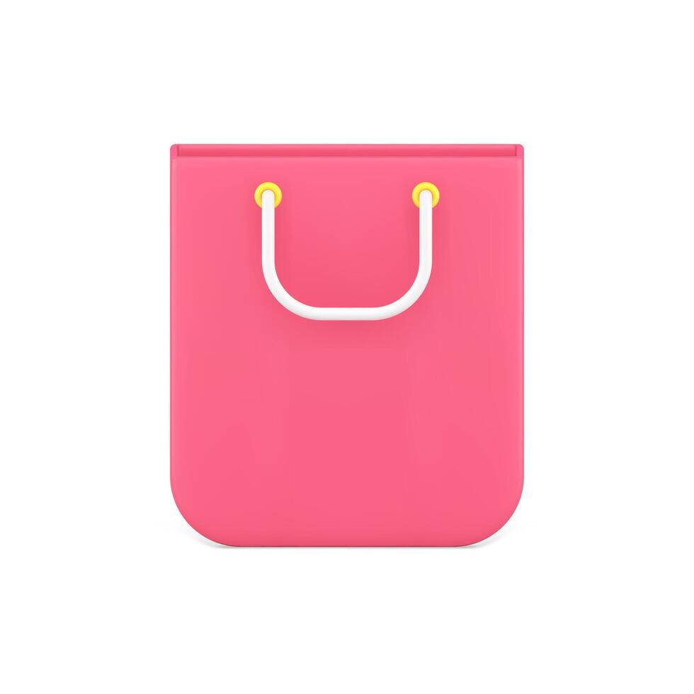 Pink shopping bag 3d icon. Paper bag with white handles for purchased products vector