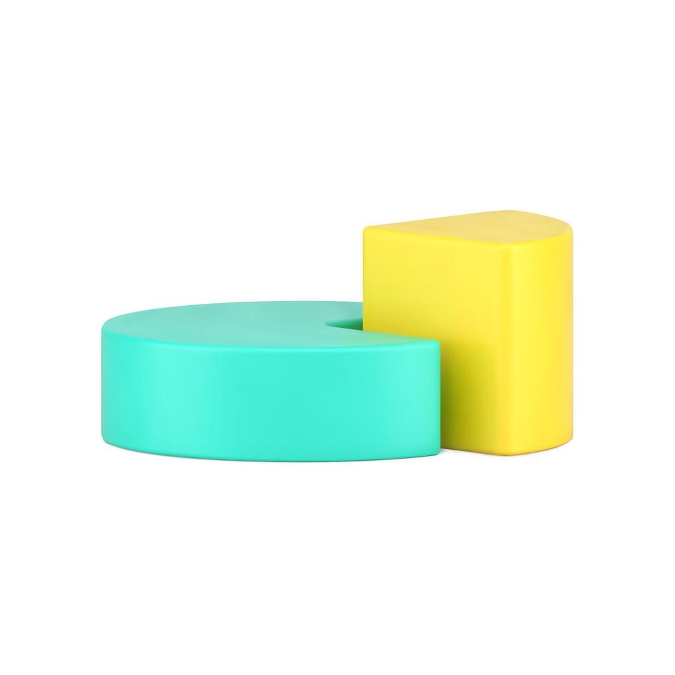 Volumetric pie chart side view 3d icon. Infographic green circle with yellow part vector