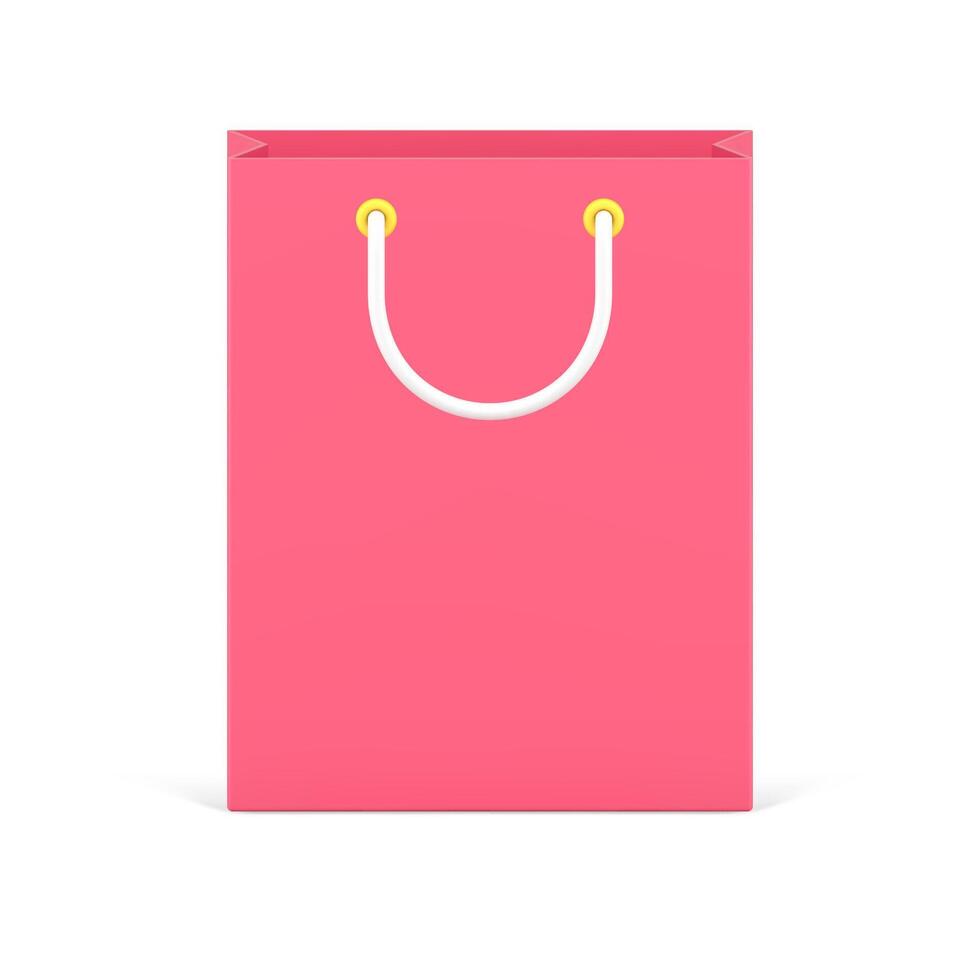 Paper shopping bag 3d icon. Pink package with white handles for purchased products vector