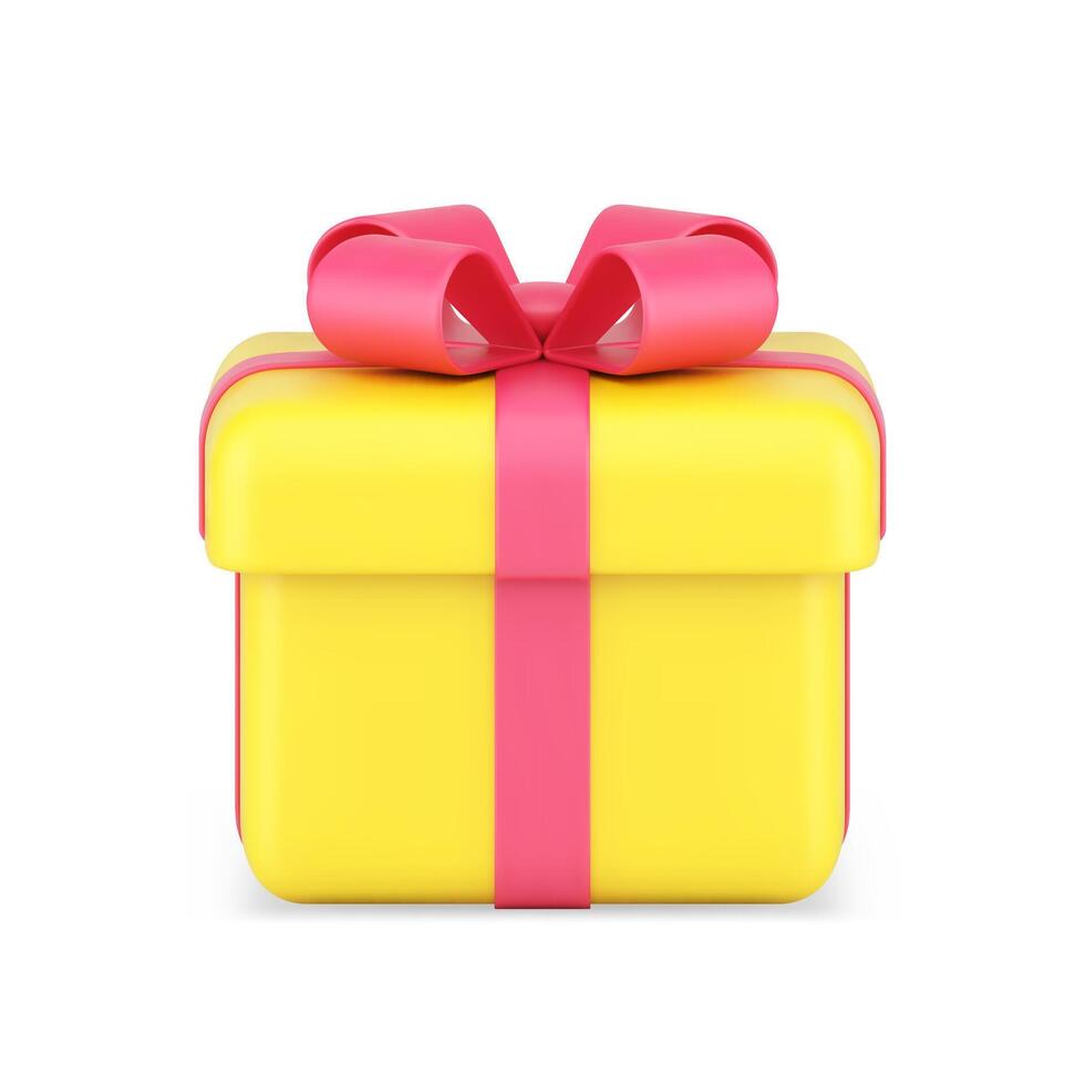 Holiday gold box gift 3d icon. Minimalistic package with red ribbon and bow vector