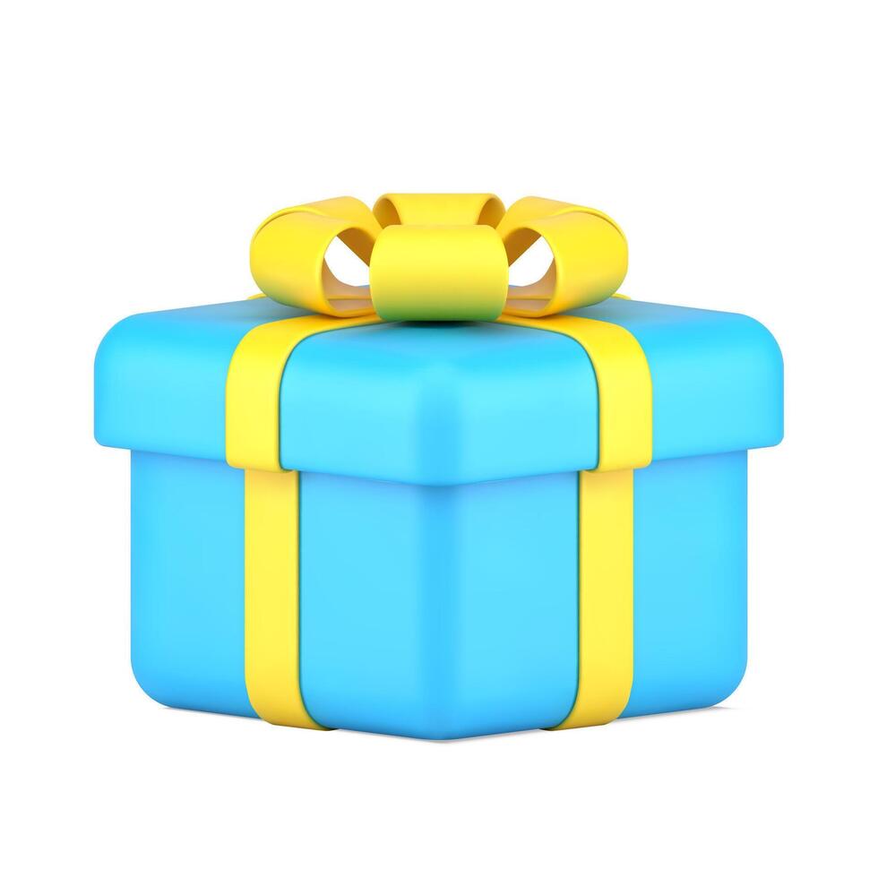 Blue gift surprise with gold knot 3d icon. Volumetric surprise tied luxurious ribbon vector