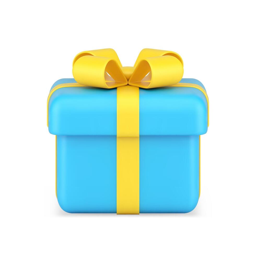 Blue gift box side view 3d icon. Celebration surprise tied gold ribbon with patterned on top vector