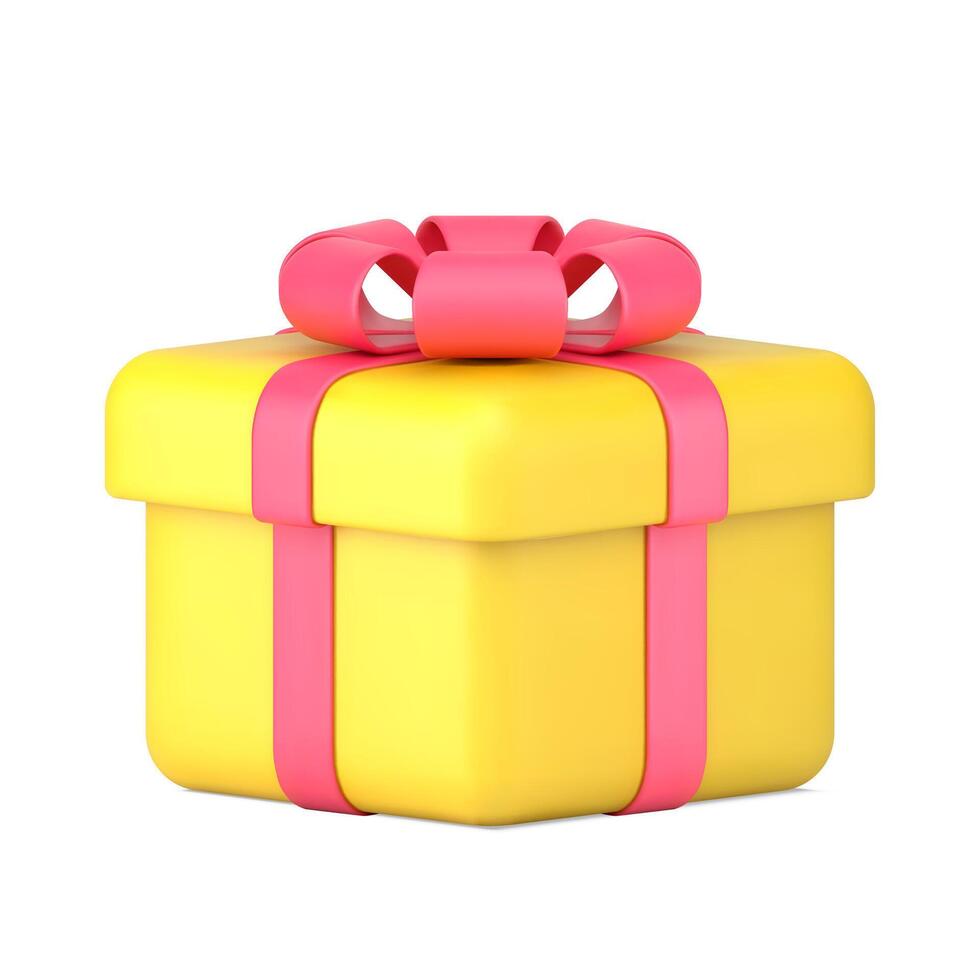 volumétrico amarillo caja regalo 3d icono. celebracion paquete con rojo cinta y arco vector