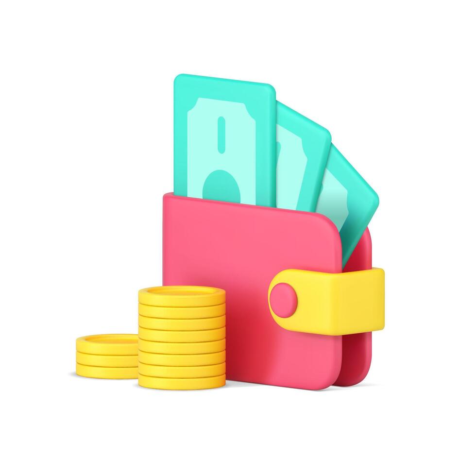 Pink wallet with banknotes and yellow coins 3d icon vector