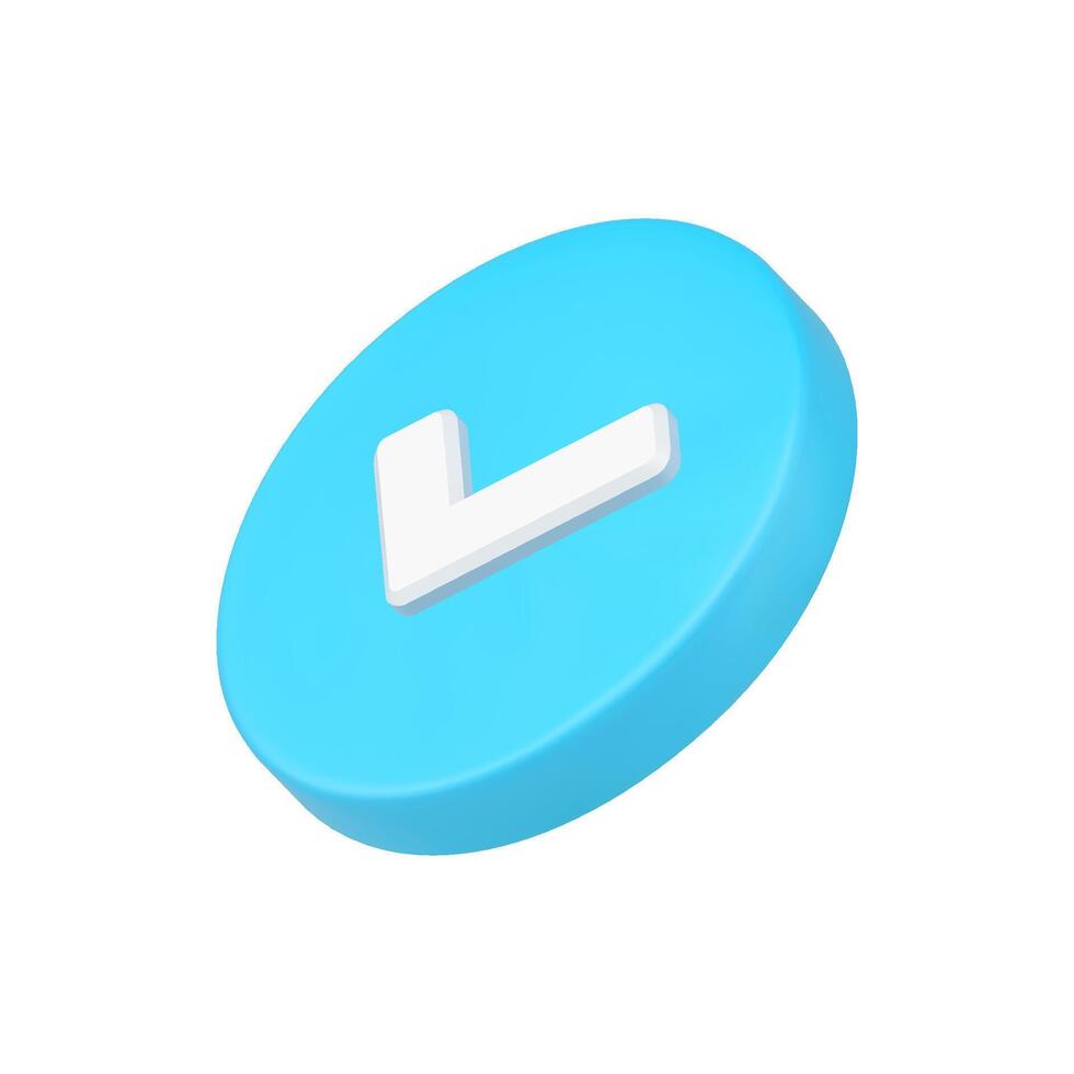 White volumetric check mark in blue circle 3d icon vector