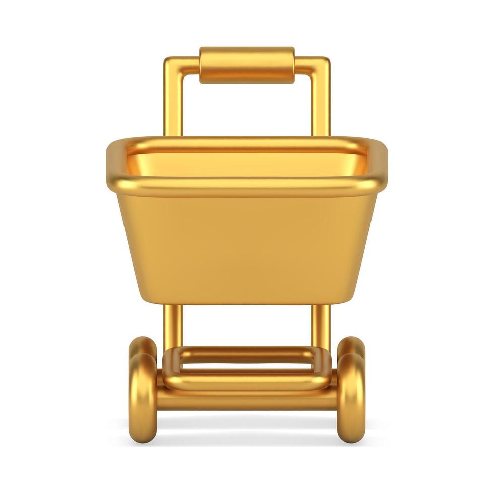 Golden metallic hypermarket pushcart grocery shopping mobile app realistic 3d icon front view vector