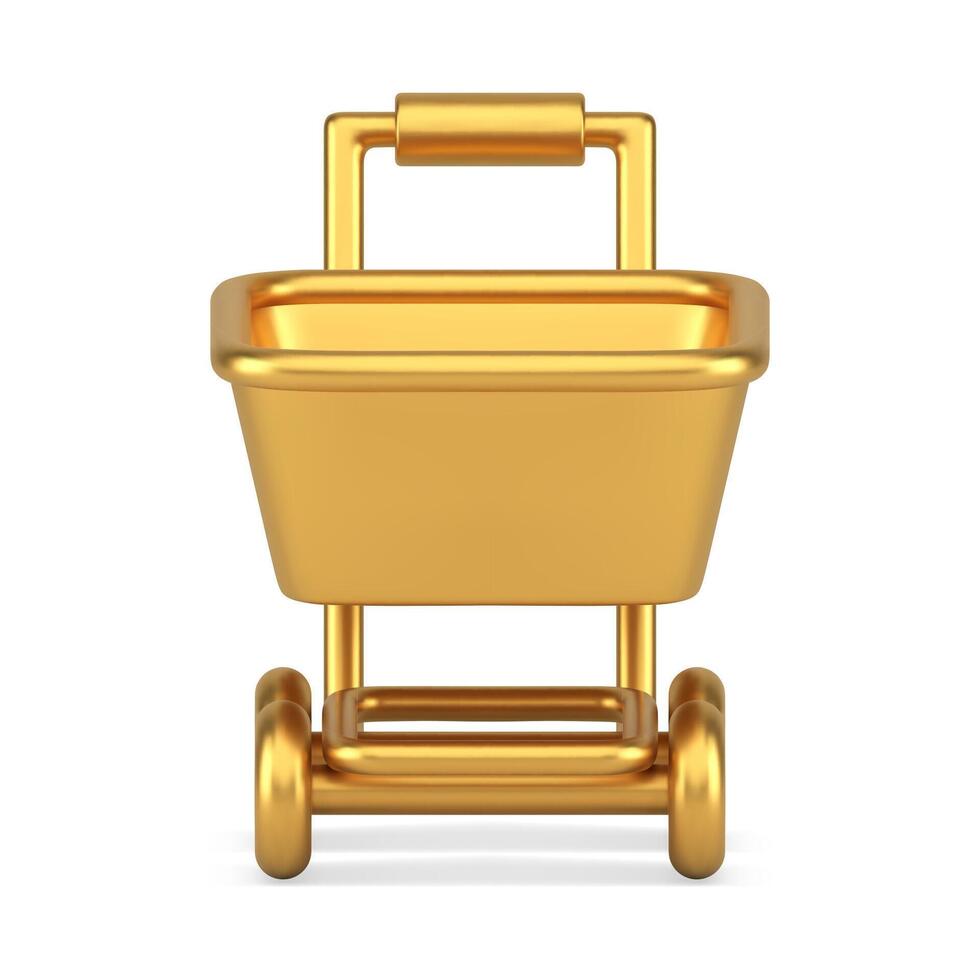 Golden metallic hypermarket pushcart grocery shopping mobile app realistic 3d icon front view vector