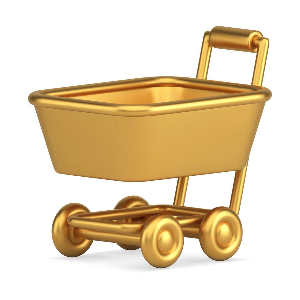 Expensive metallic glossy supermarket trolley grocery shopping goods transportation 3d icon vector