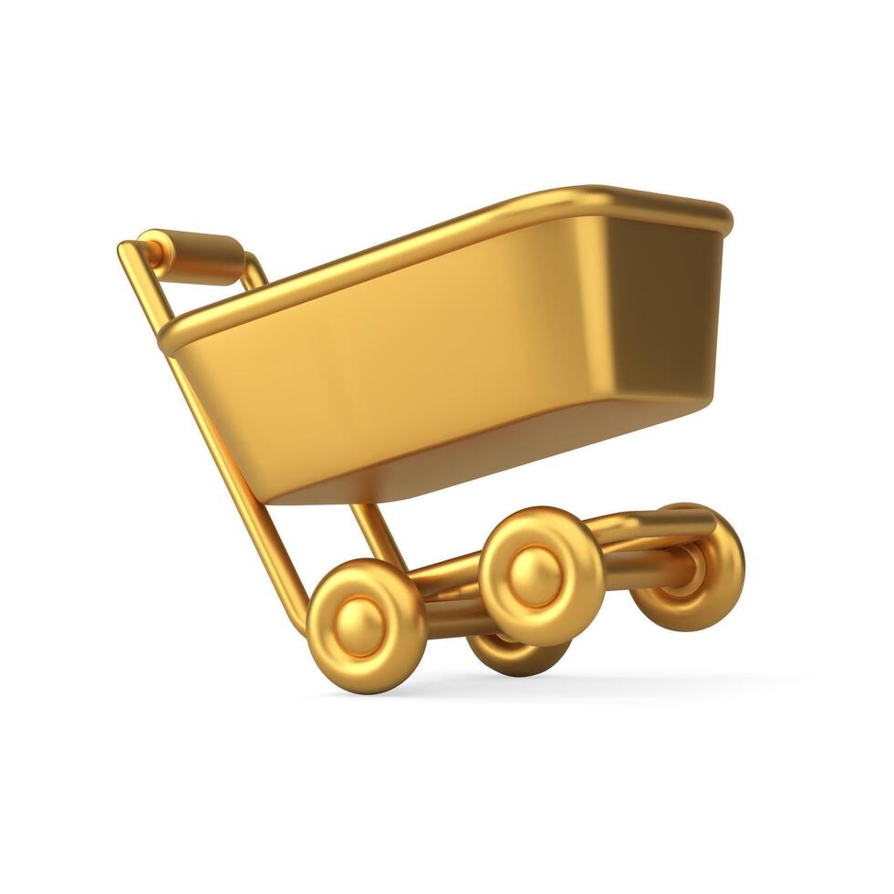 Realistic 3d icon diagonal displaced golden luxury supermarket trolley isometric illustration vector