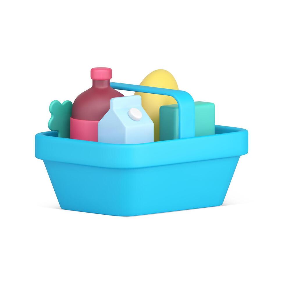 azul el plastico hipermercado compras cesta para comida y bebida que lleva realista 3d icono vector