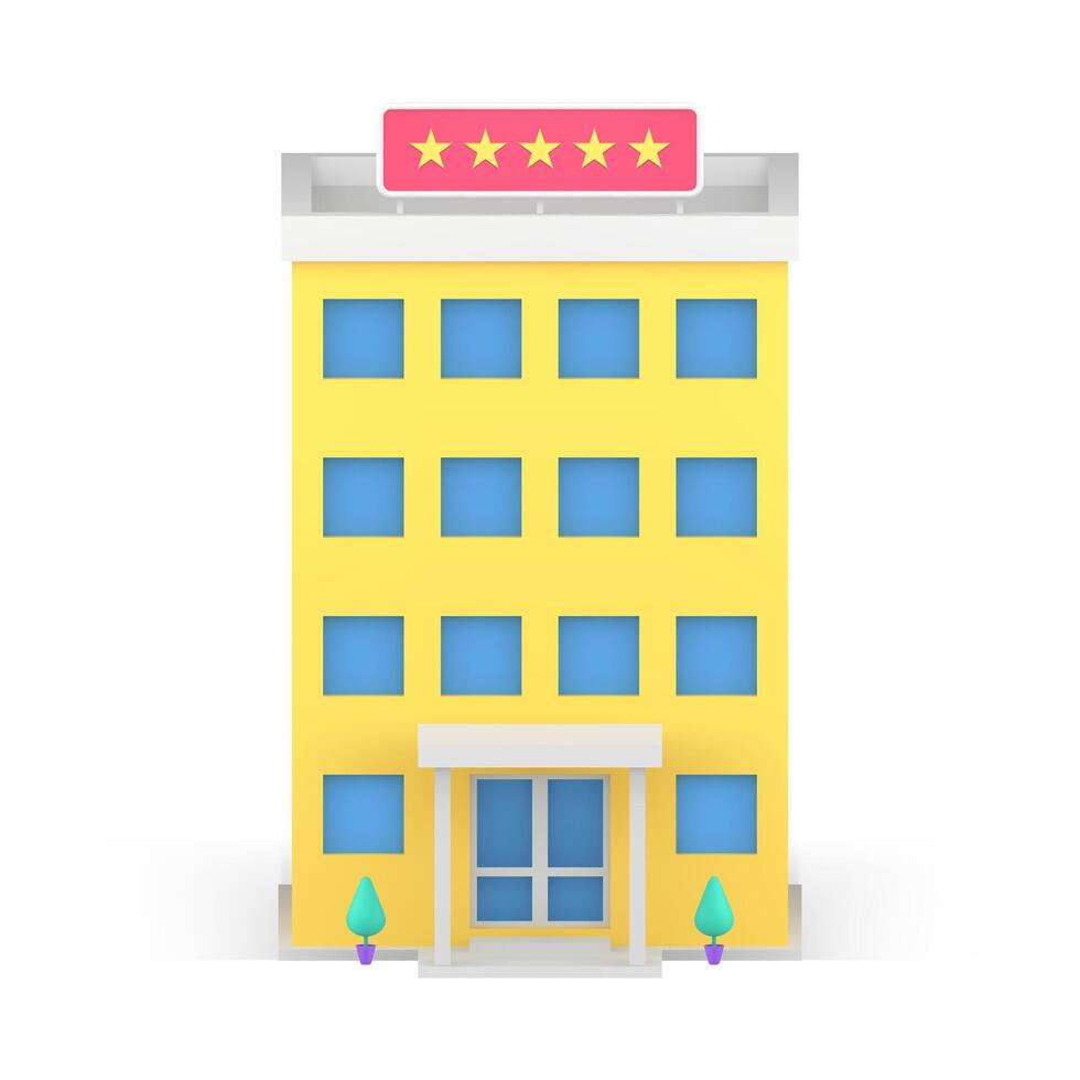 Multistory hotel building exterior five stars signboard realistic 3d icon isometric vector
