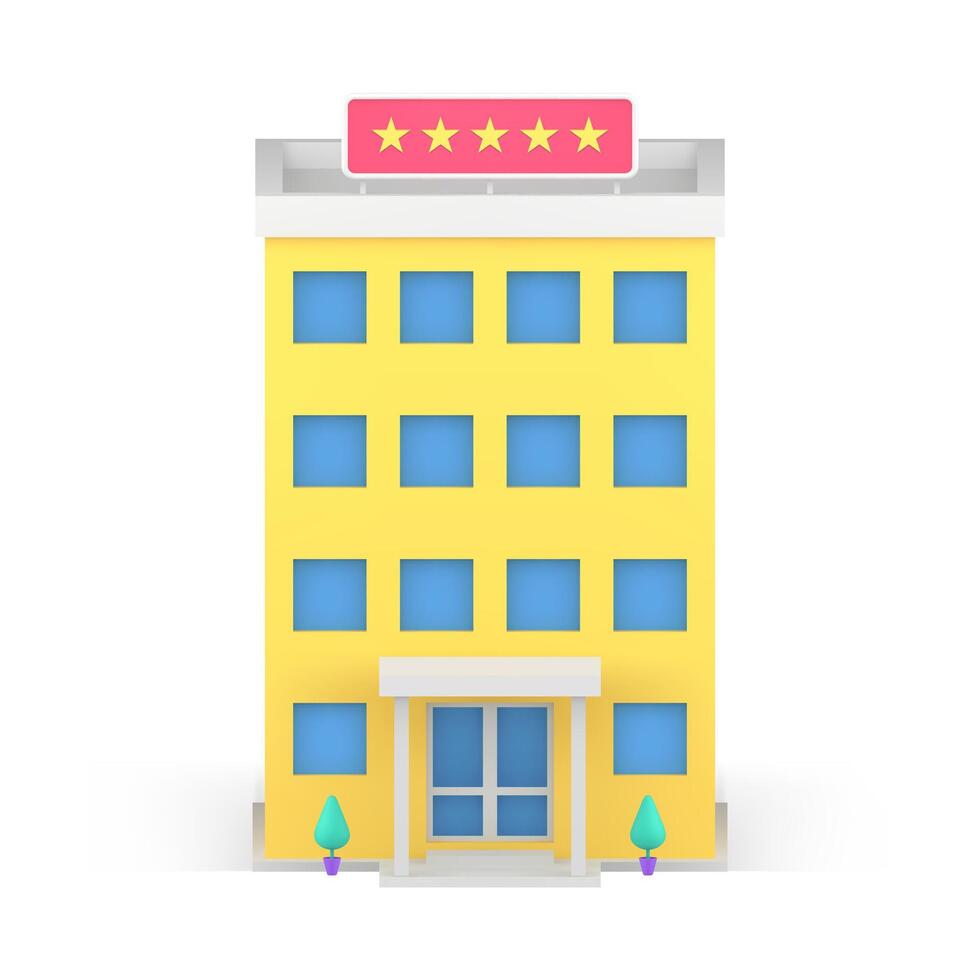 Multistory hotel building exterior five stars signboard realistic 3d icon isometric vector